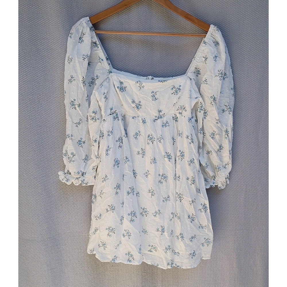 Lulus Blue Floral Tiered Babydoll Mini Dress Square Neck Puff Sleeve Small